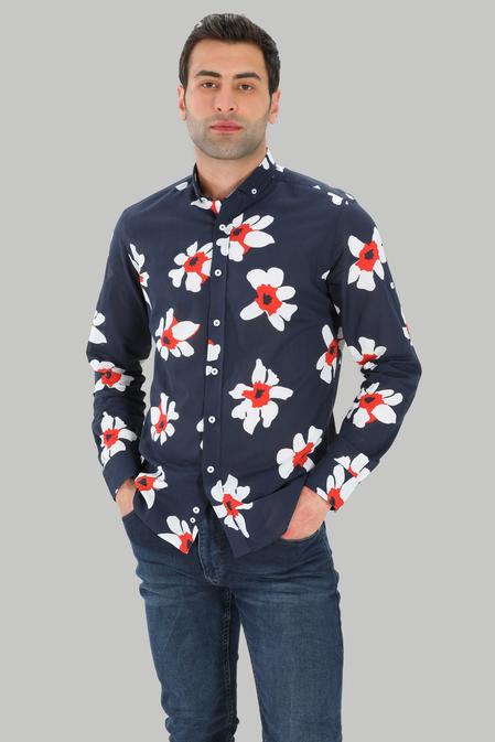 Twn Slim Fit Lacivert Baskılı Gömlek - 8681779025122 | D'S Damat