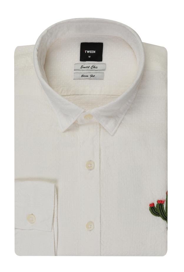 Tween Slim Fit Beyaz Desenli Gömlek - 8681649086826 | Damat Tween