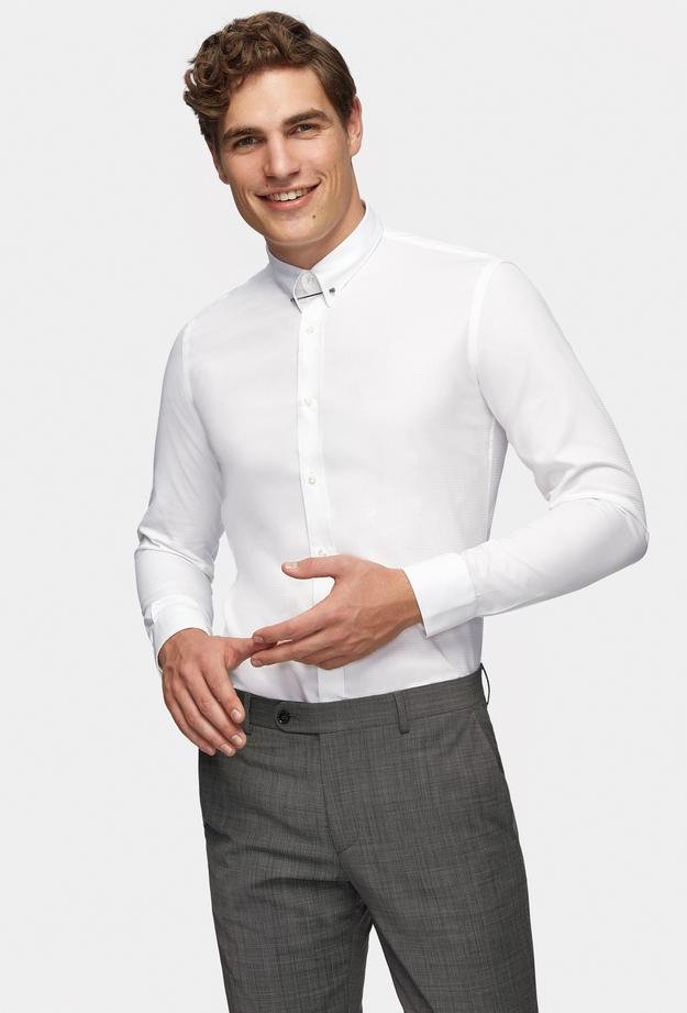 Tween Slim Fit Beyaz Armürlü Yaka İğneli Gömlek - 8681649981947 | Damat Tween