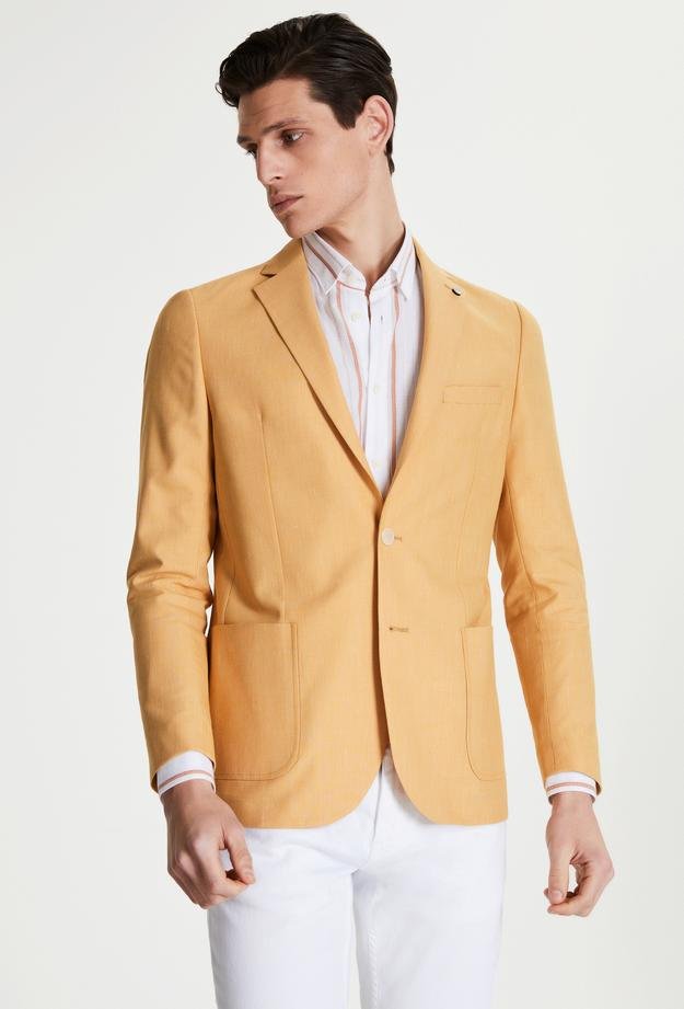 Tween Slim Fit Sarı Desenli Keten Karışımlı Kumaş Ceket - 8682364771134 | Damat Tween