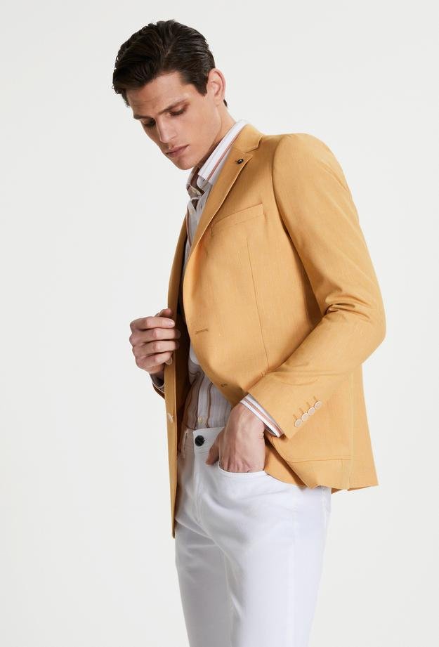Tween Slim Fit Sarı Desenli Kumaş Ceket - 8681649953227 | Damat Tween
