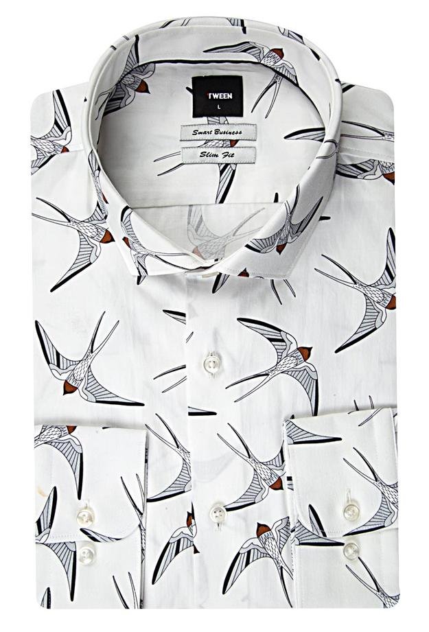 Tween Slim Fit Beyaz Desenli Baskılı Gömlek - 8681649332473 | Damat Tween