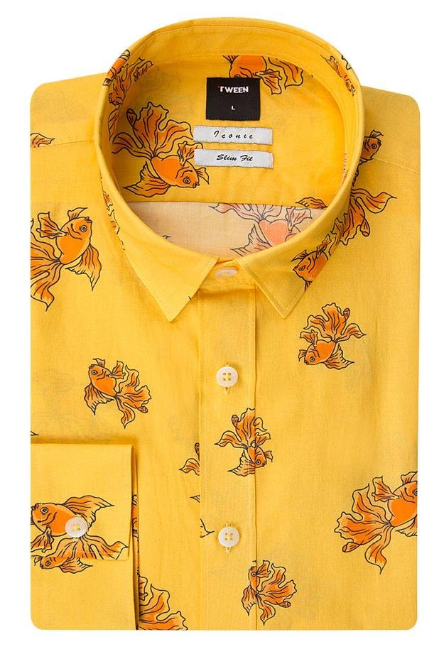 Tween Slim Fit Sarı Desenli Baskılı Gömlek - 8681649438755 | Damat Tween