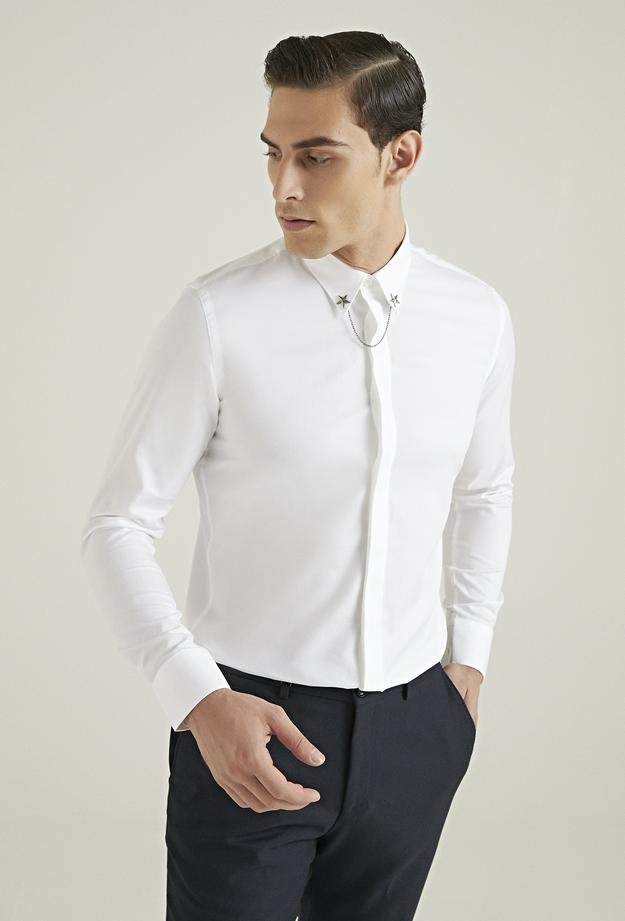Tween Slim Fit Beyaz Armürlü Gömlek - 8681649871323 | Damat Tween