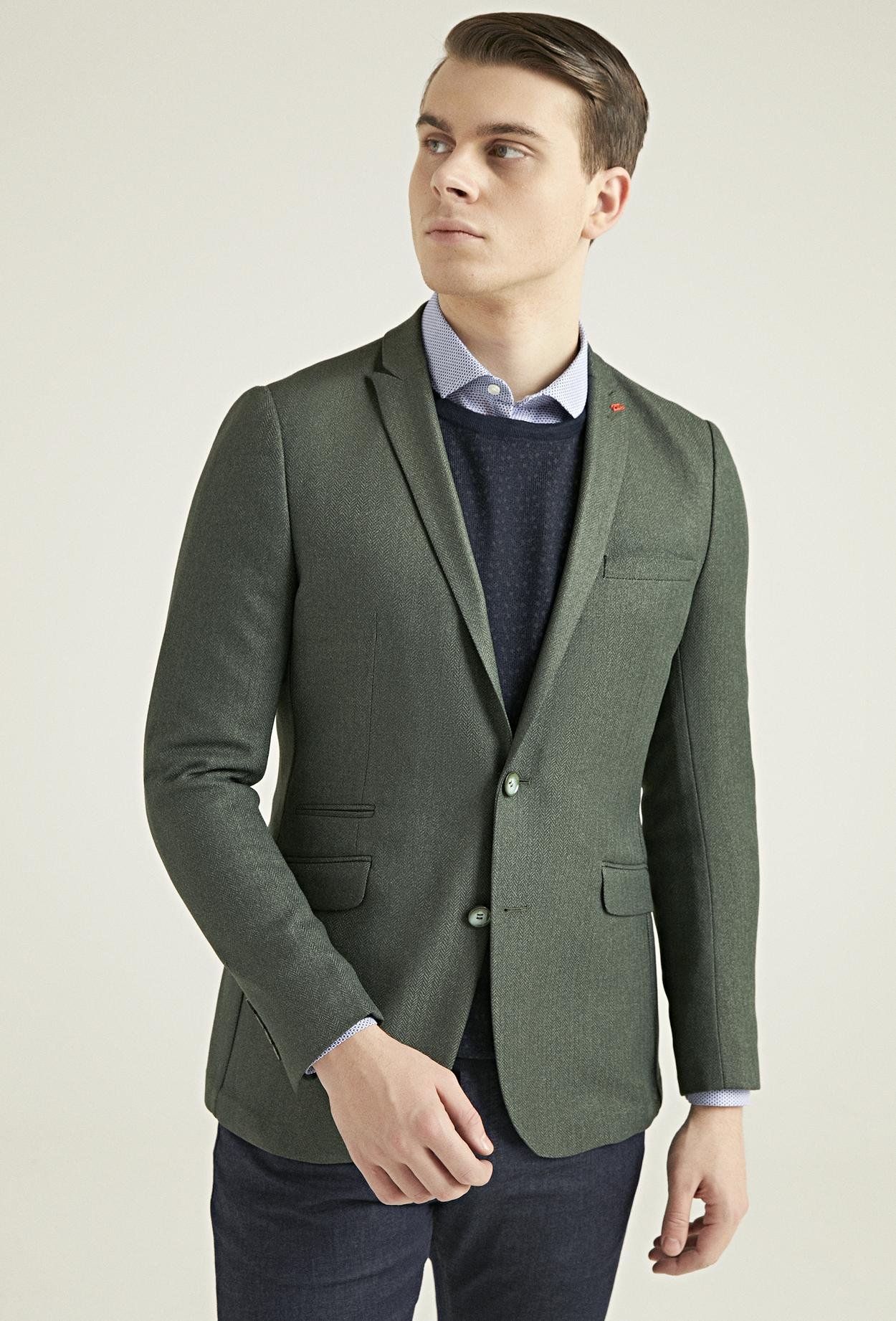 Twn Slim Fit Yeşil Balıksırtı Kumaş Ceket