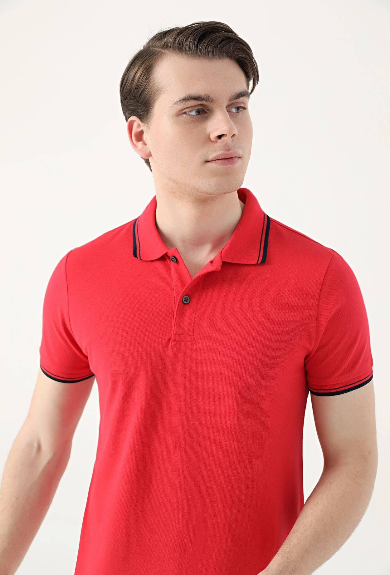 Ds Damat Slim Fit Kırmızı Pike Dokulu %100 Pamuk Polo Yaka T-Shirt