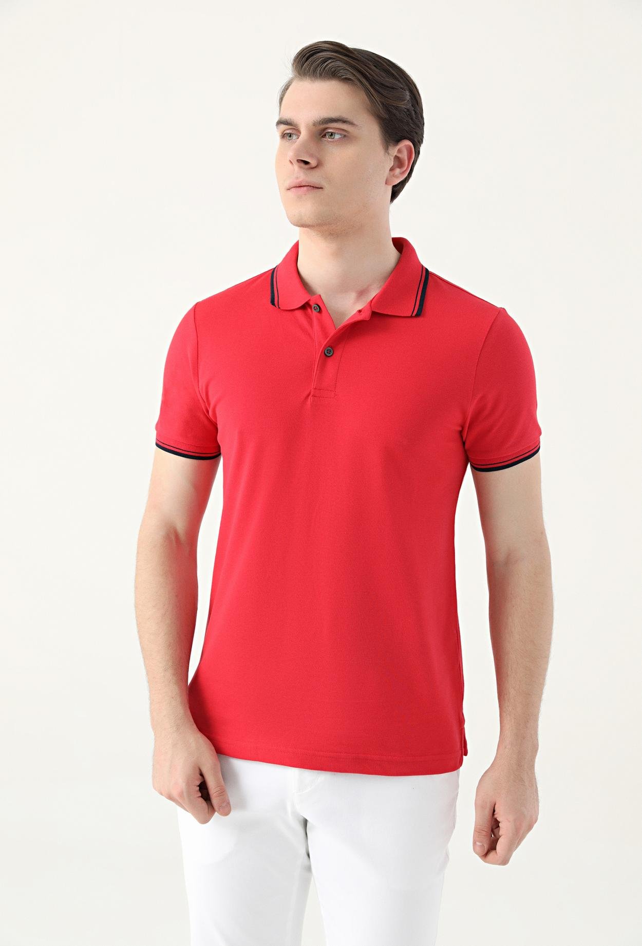 Ds Damat Slim Fit Kırmızı Pike Dokulu %100 Pamuk Polo Yaka T-Shirt