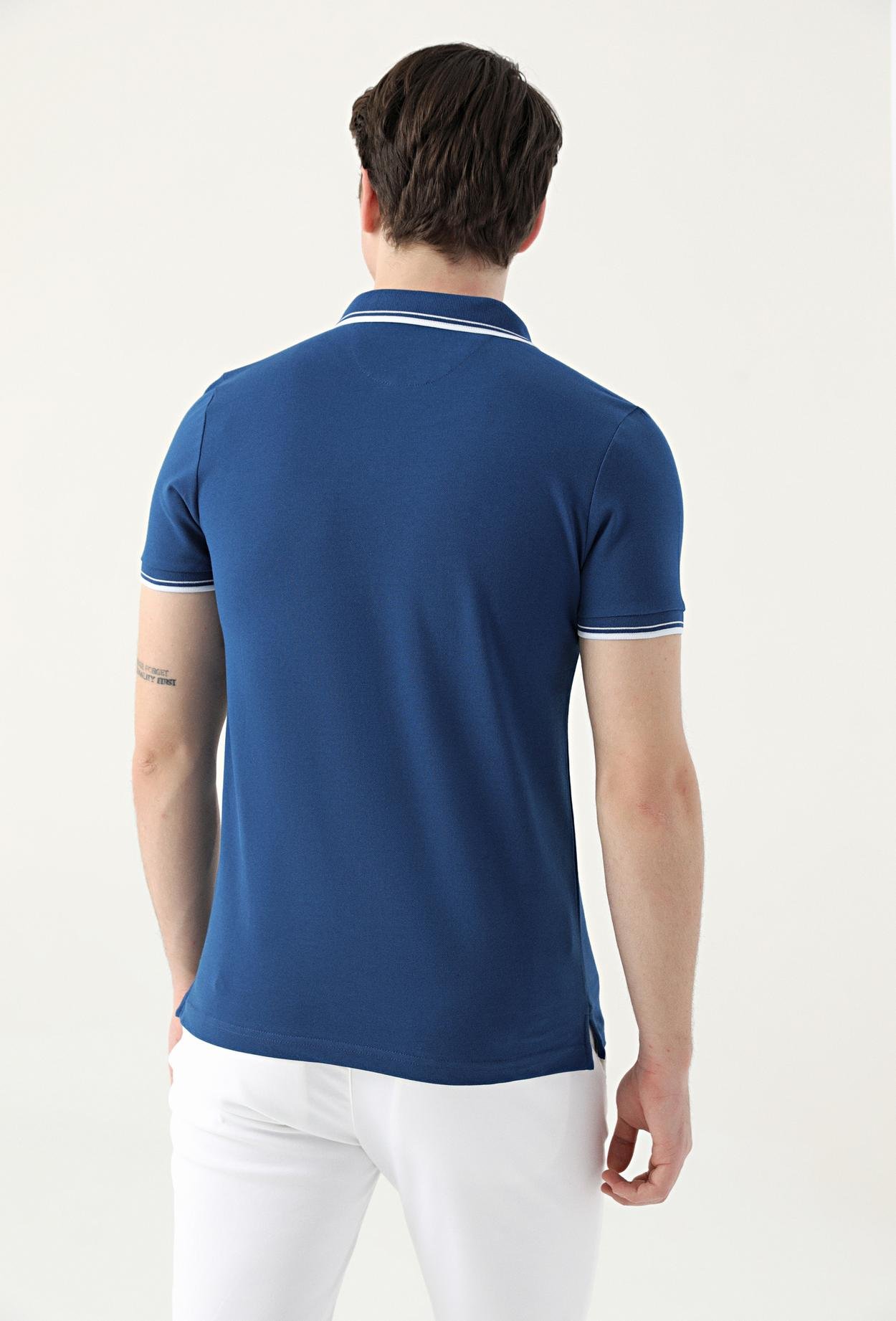 Ds Damat Slim Fit Saks Mavi Pike Dokulu %100 Pamuk Polo Yaka T-Shirt