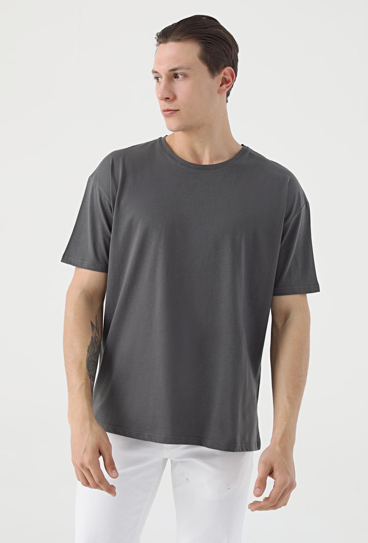 Twn Oversize Antrasit Düz %100 Pamuk T-Shirt