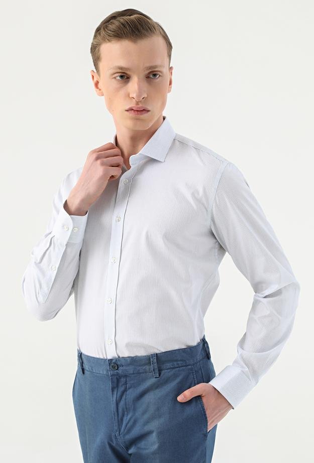 Tween Slim Fit Beyaz Çizgili %100 Pamuk Gömlek - 8682365038632 | Damat Tween