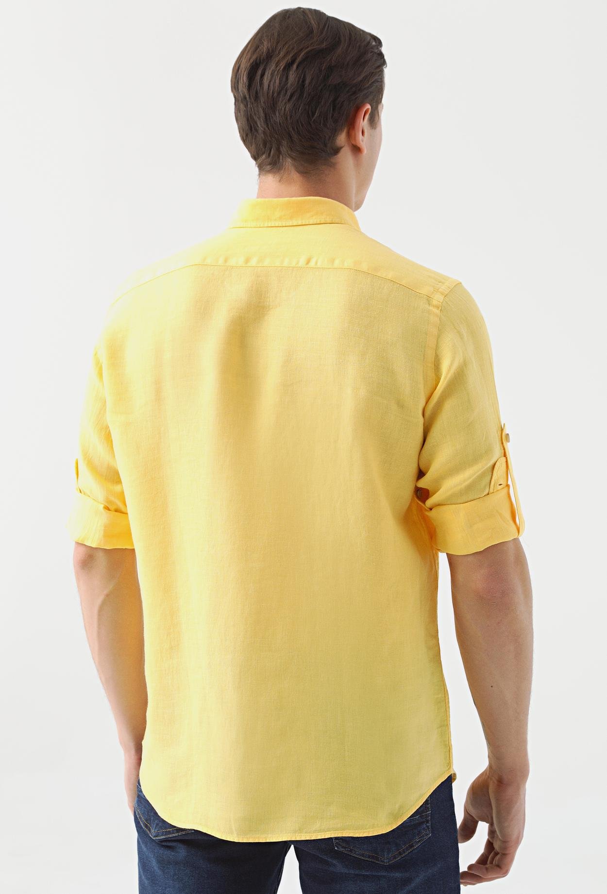 Ds Damat Regular Fit Açık Sarı Düz Keten Gömlek