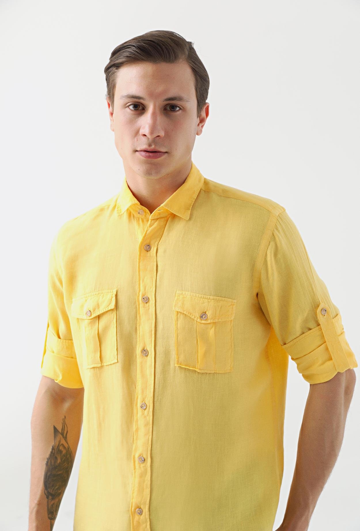 Ds Damat Regular Fit Açık Sarı Düz Keten Gömlek