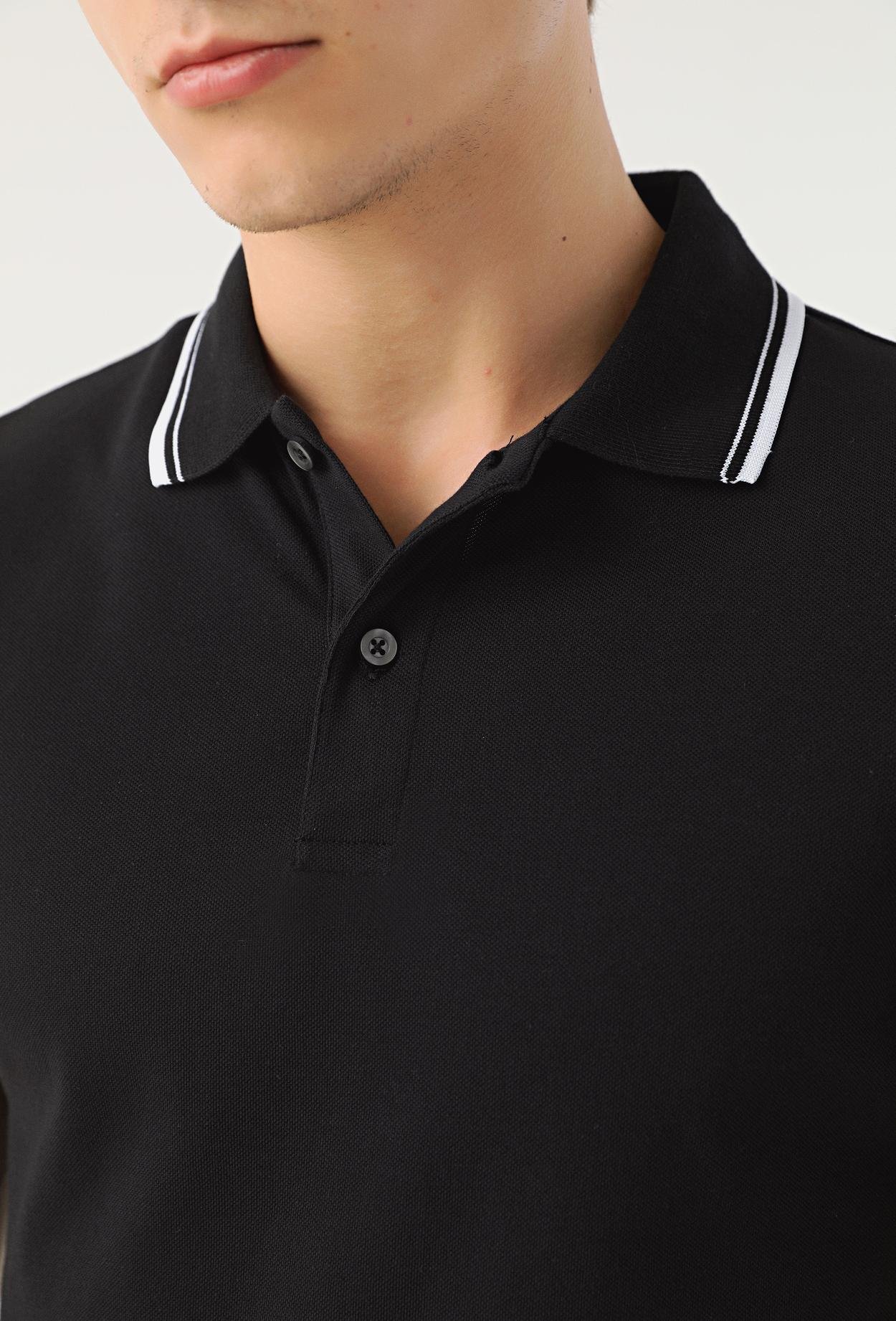 Ds Damat Slim Fit Siyah Pike Dokulu %100 Pamuk Polo Yaka T-Shirt