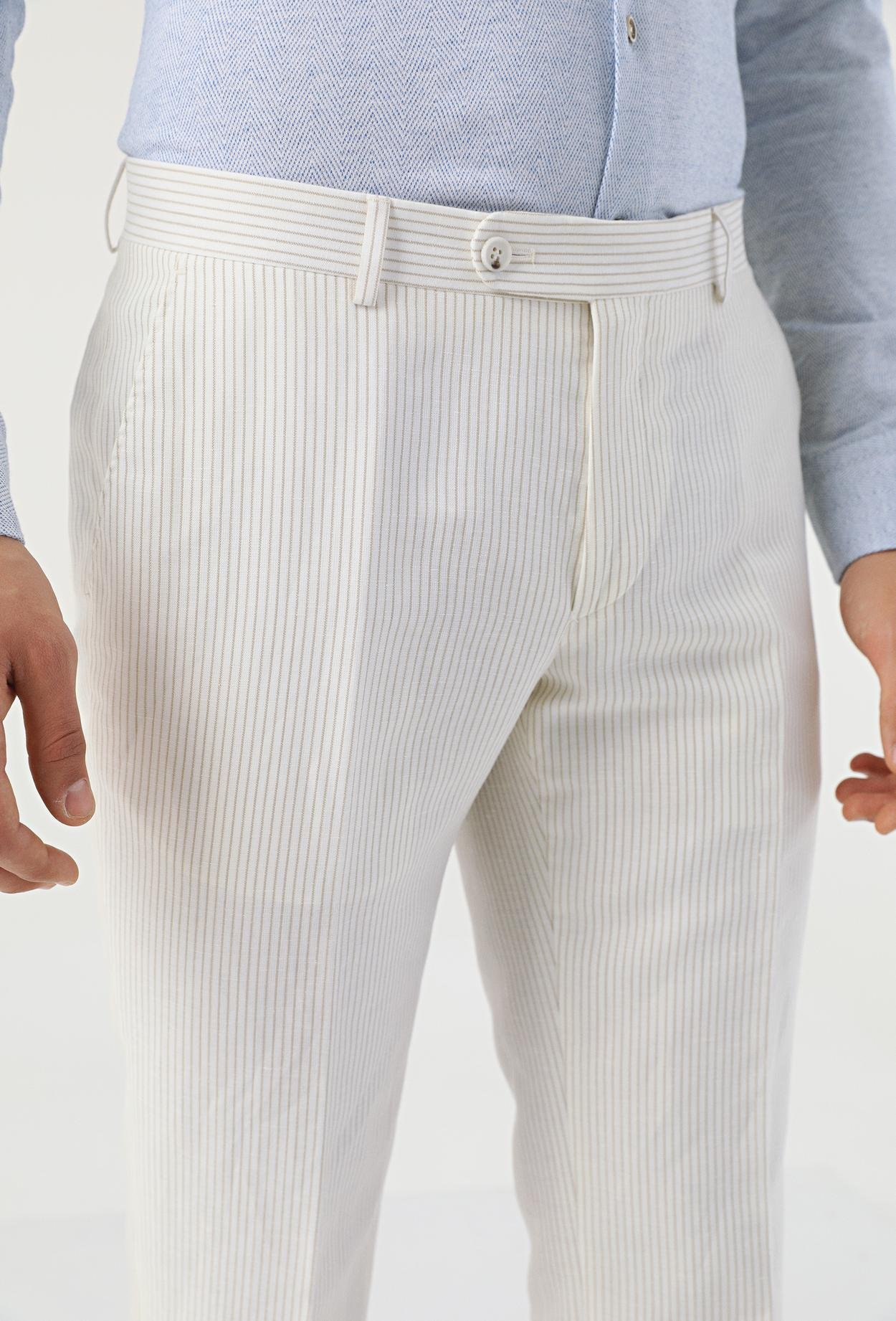 Ds Damat Slim Fit Beyaz Çizgili Keten Kumaş Pantolon