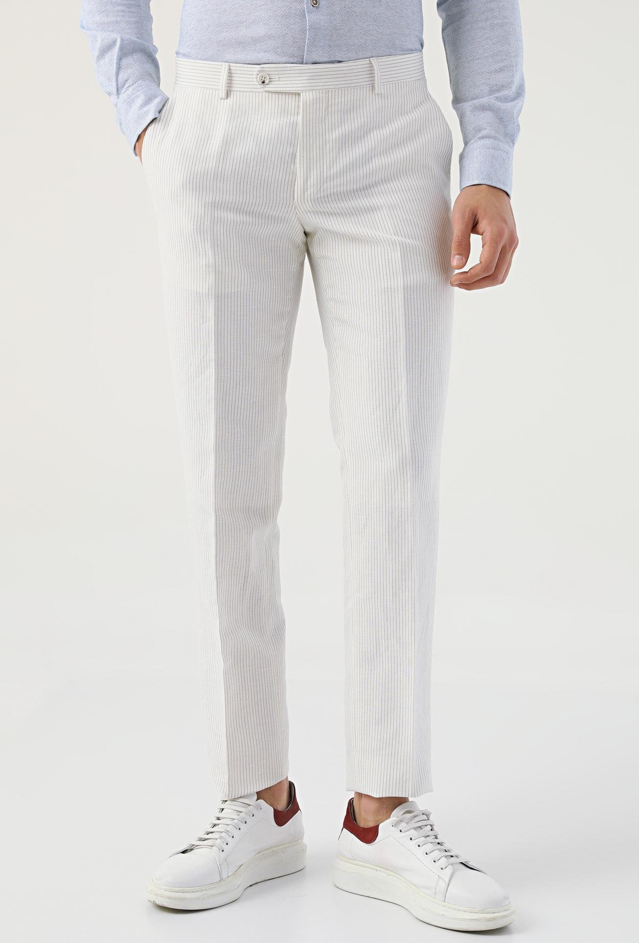 Ds Damat Slim Fit Beyaz Çizgili Keten Kumaş Pantolon