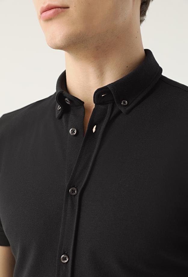 Twn Slim Fit Siyah Kısa Kol %100 Pamuk Gömlek