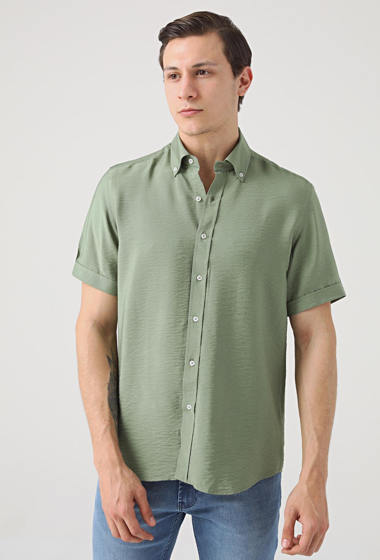 Twn Regular Fit Yeşil Düz Kısa Kol Gömlek