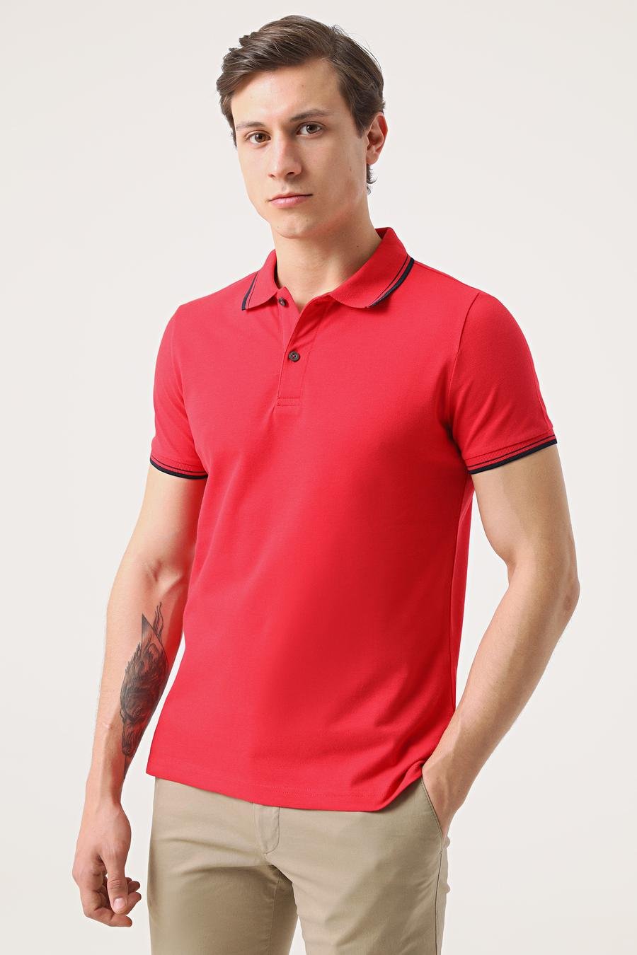 Twn Slim Fit Kırmızı Düz Örgü Pamuklu Logo Baskılı T-Shirt - 8683219015250 | D'S Damat
