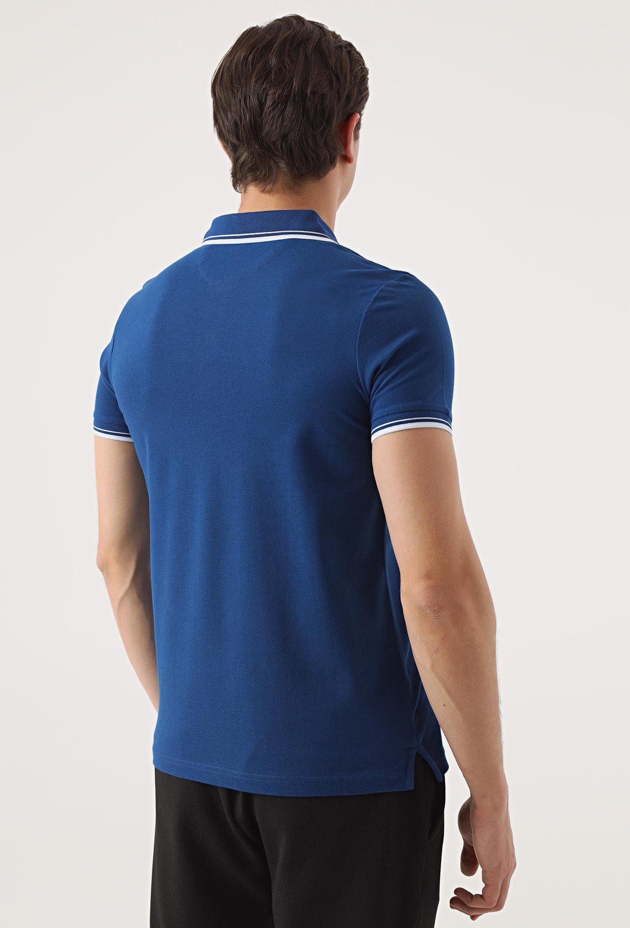 Twn Slim Fit Saks Mavi Düz Örgü Pamuklu Logo Baskılı T-Shirt