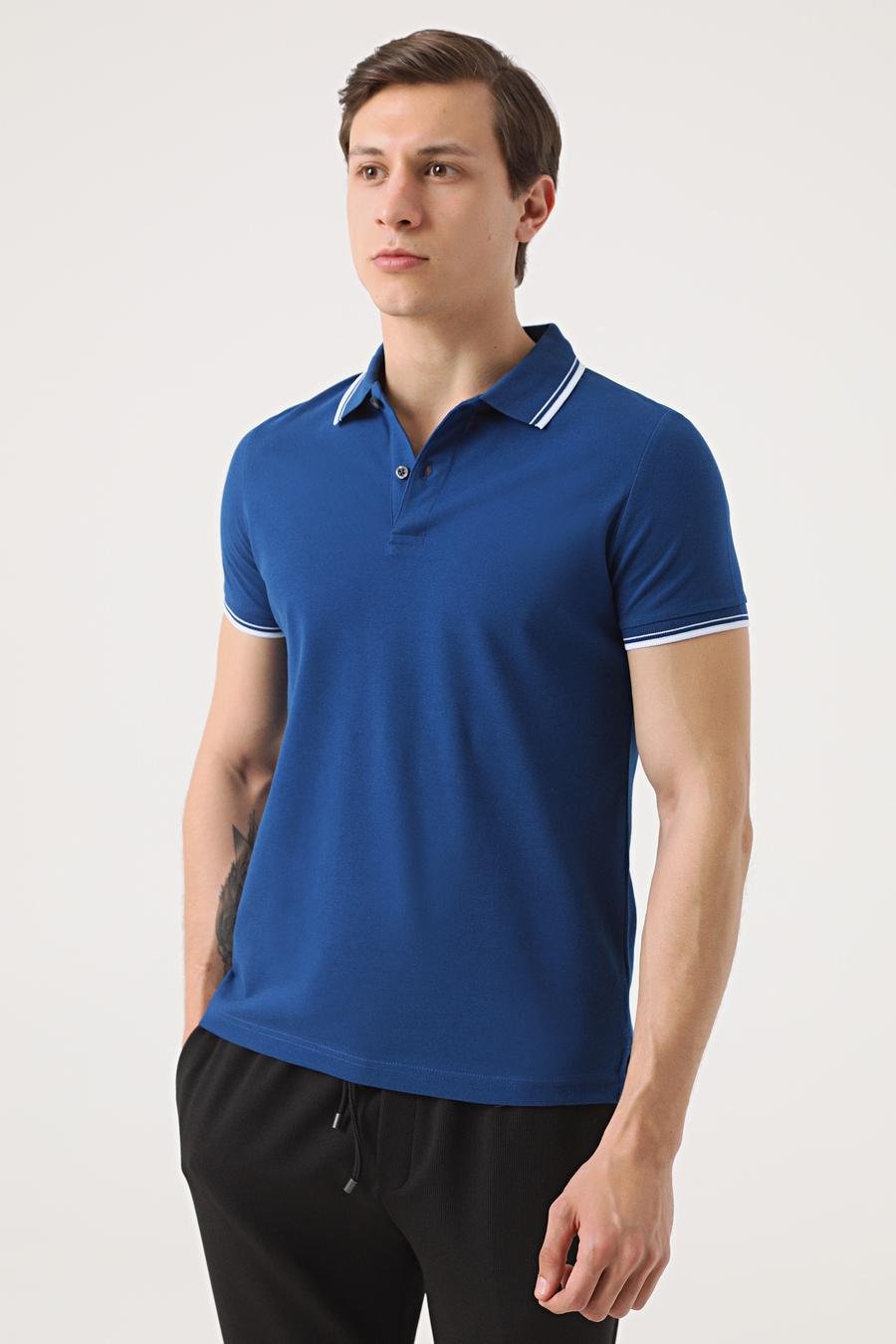 Twn Slim Fit Saks Mavi Düz Örgü Pamuklu Logo Baskılı T-Shirt - 8683218251789 | D'S Damat