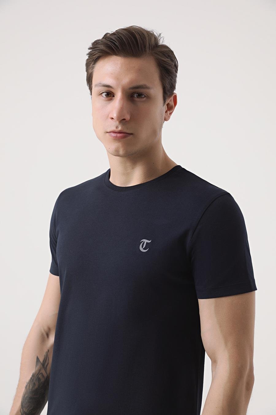 Twn Slim Fit Lacivert Düz Örgü T-Shirt - 8683219557484 | D'S Damat