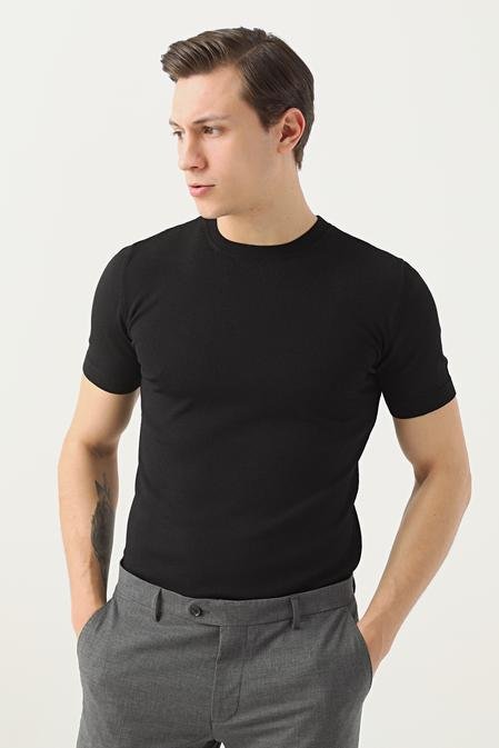 Twn Slim Fit Siyah Düz Örgü Rayon Örme T-Shirt - 8683218253370 | D'S Damat