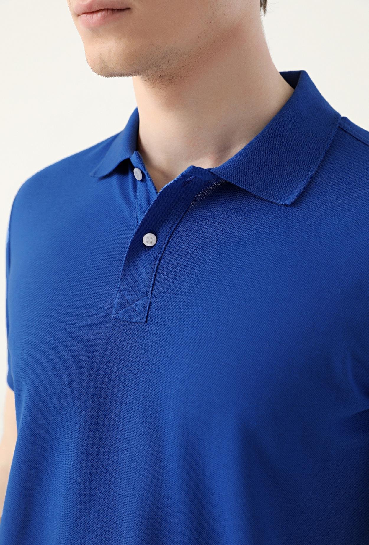 Ds Damat Slim Fit Saks Mavi Çizgili %100 Pamuk Polo Yaka T-Shirt
