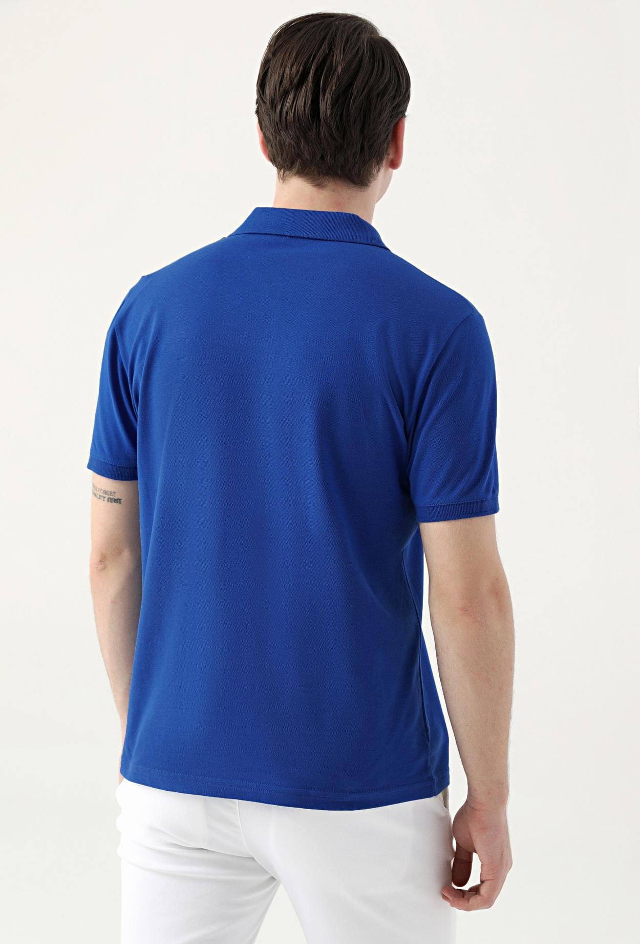 Ds Damat Slim Fit Saks Mavi Çizgili %100 Pamuk Polo Yaka T-Shirt