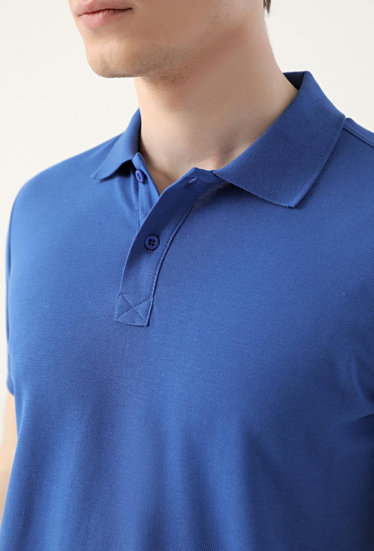Ds Damat Regular Fit Saks Mavi Pike Dokulu %100 Pamuk Polo Yaka T-Shirt