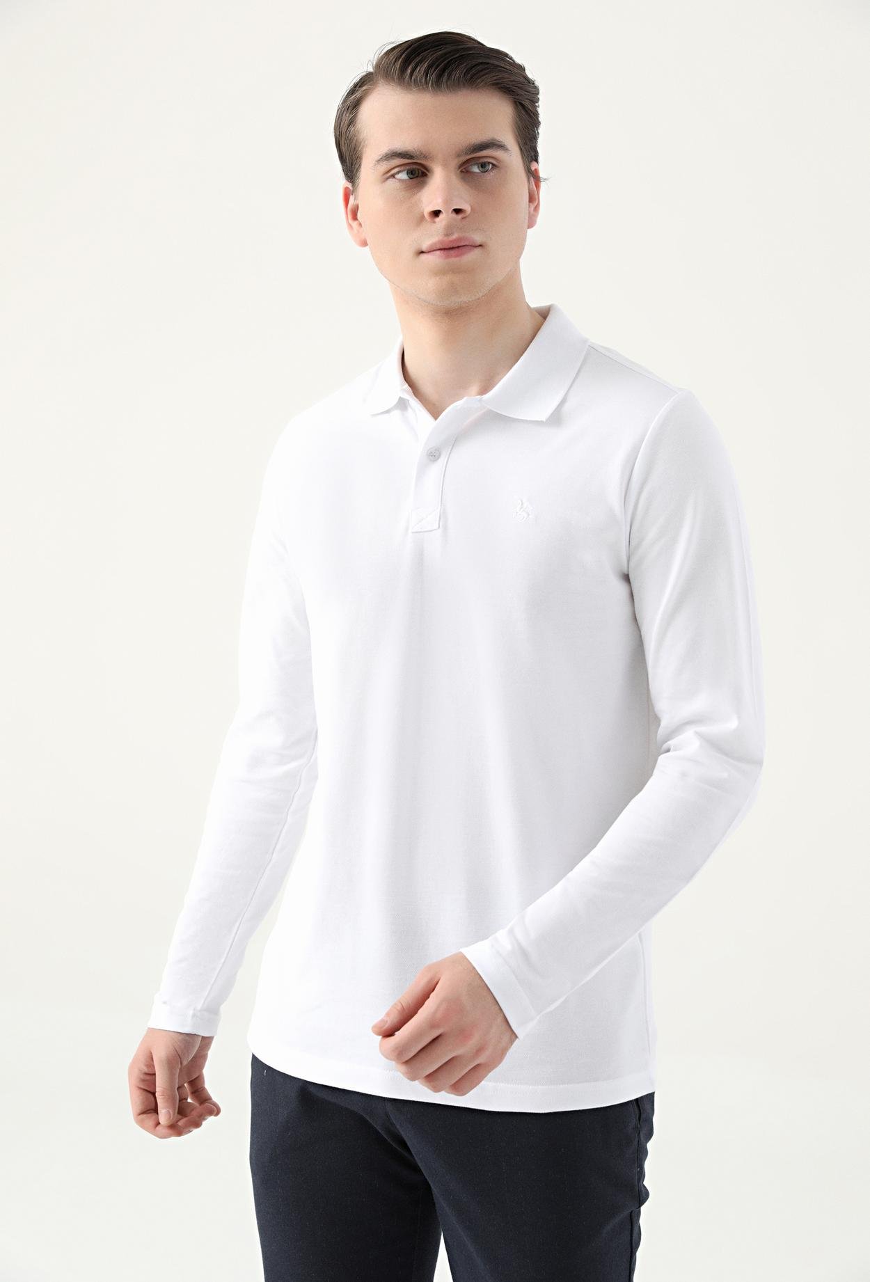 Ds Damat Regular Fit Beyaz Pike Dokulu %100 Pamuk Polo Yaka T-Shirt