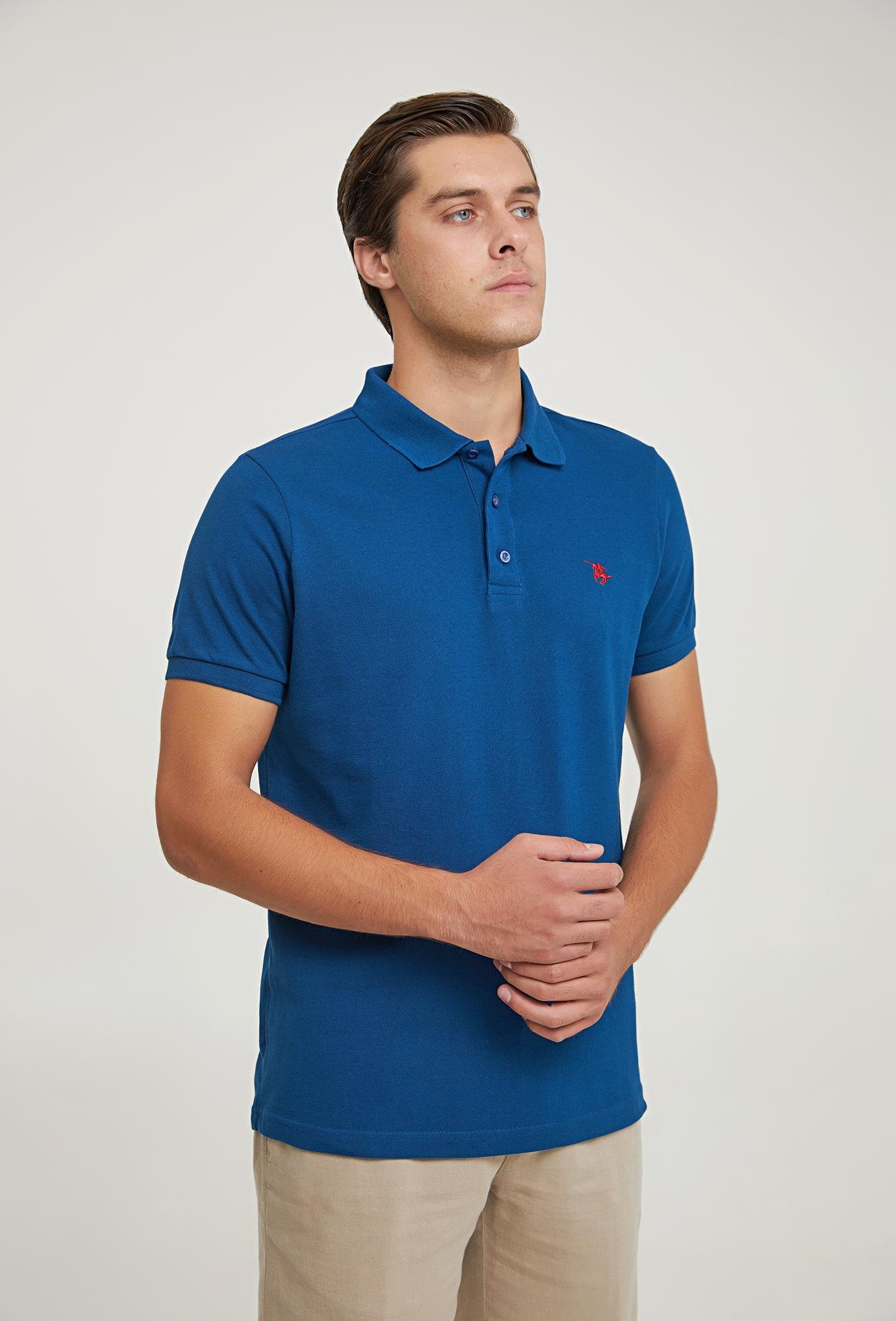 Ds Damat Regular Fit Açık Lacivert %100 Pamuk Polo Yaka Nakışlı T-Shirt
