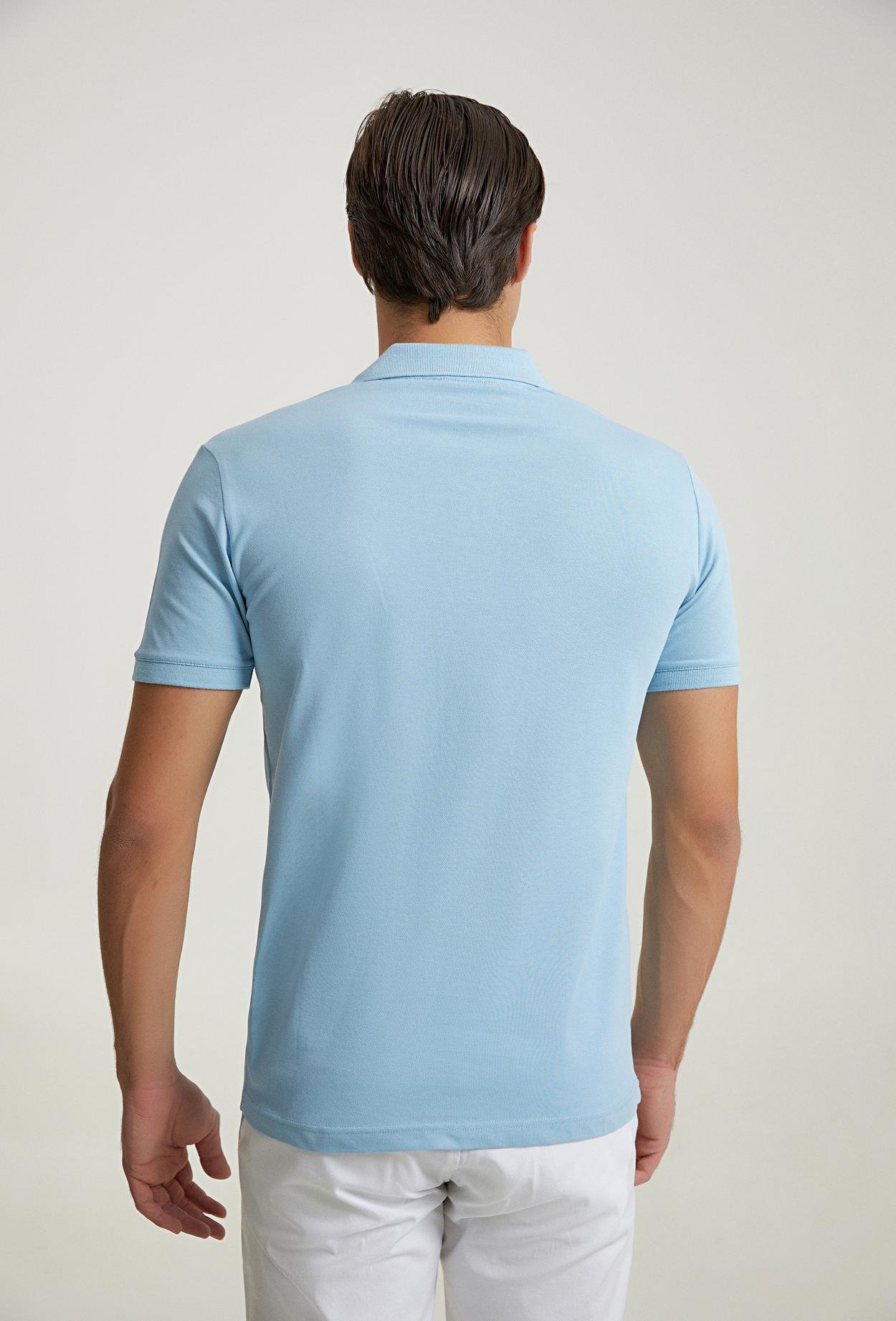 Ds Damat Regular Fit Mavi Pike Dokulu %100 Pamuk Polo Yaka Nakışlı T-Shirt