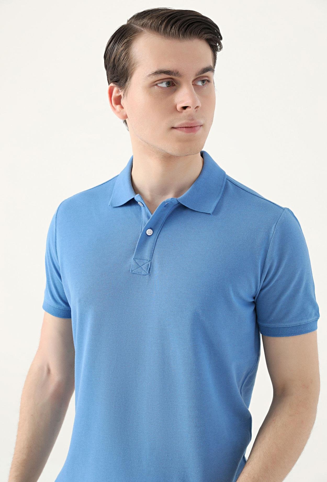 Ds Damat Slim Fit Mavi Çizgili %100 Pamuk Polo Yaka T-Shirt