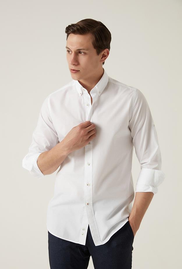 Damat Slim Fit Beyaz Düz %100 Pamuk Gömlek - 8682365030896 | Damat Tween
