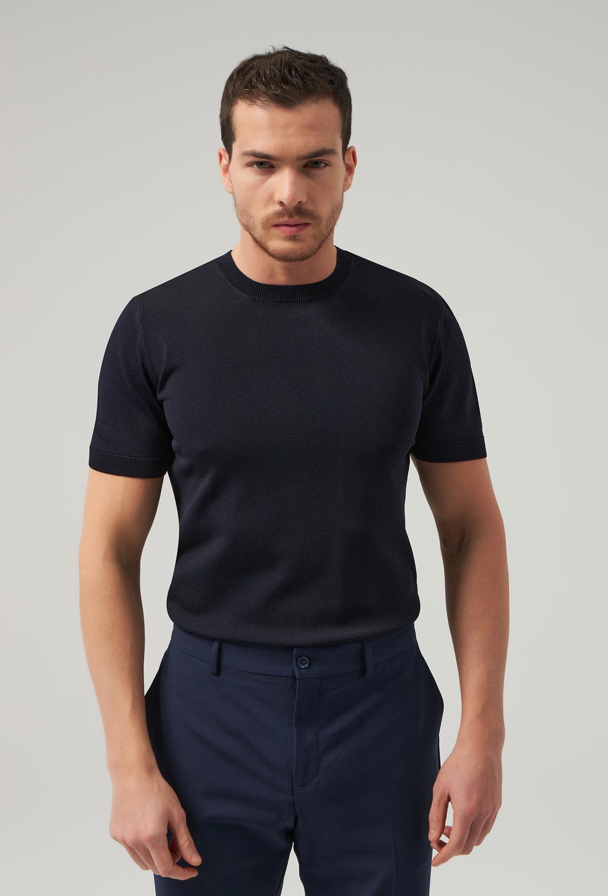 Twn Slim Fit Lacivert Düz Örgü Rayon Örme T-Shirt
