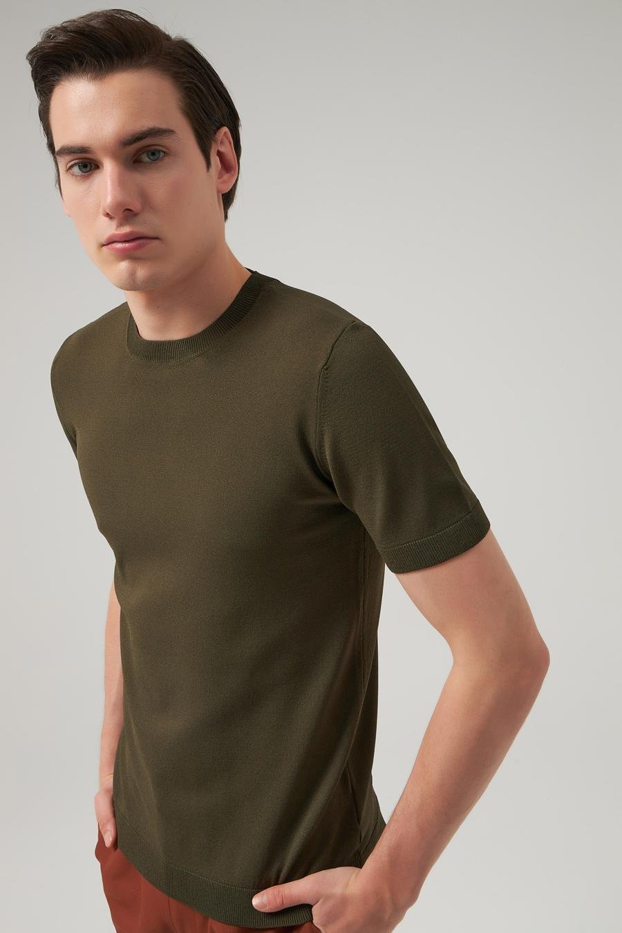 Twn Slim Fit Haki Düz Örgü Rayon Örme T-Shirt - 8683219203039 | D'S Damat
