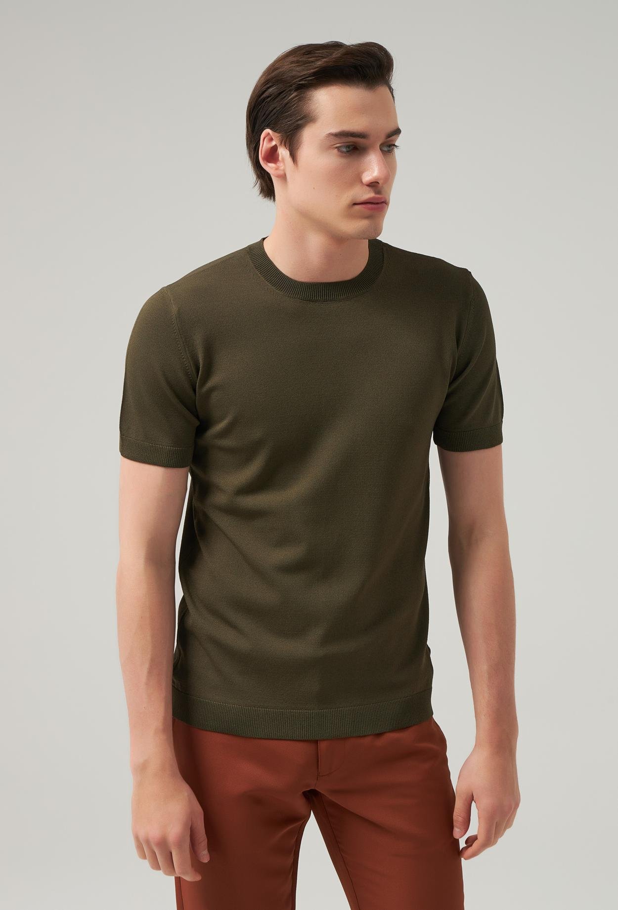 Twn Slim Fit Haki Düz Örgü Rayon Örme T-Shirt