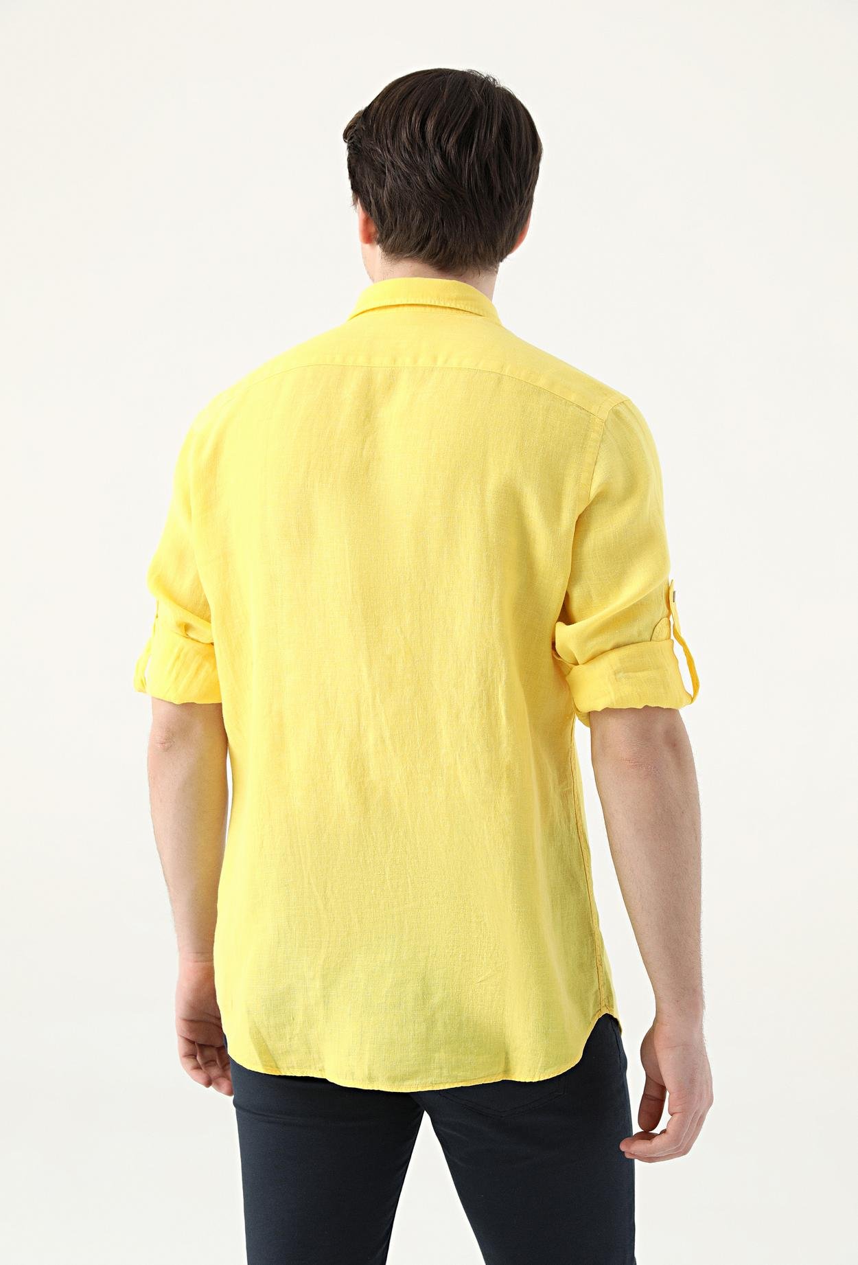 Ds Damat Regular Fit Sarı Düz Keten Gömlek