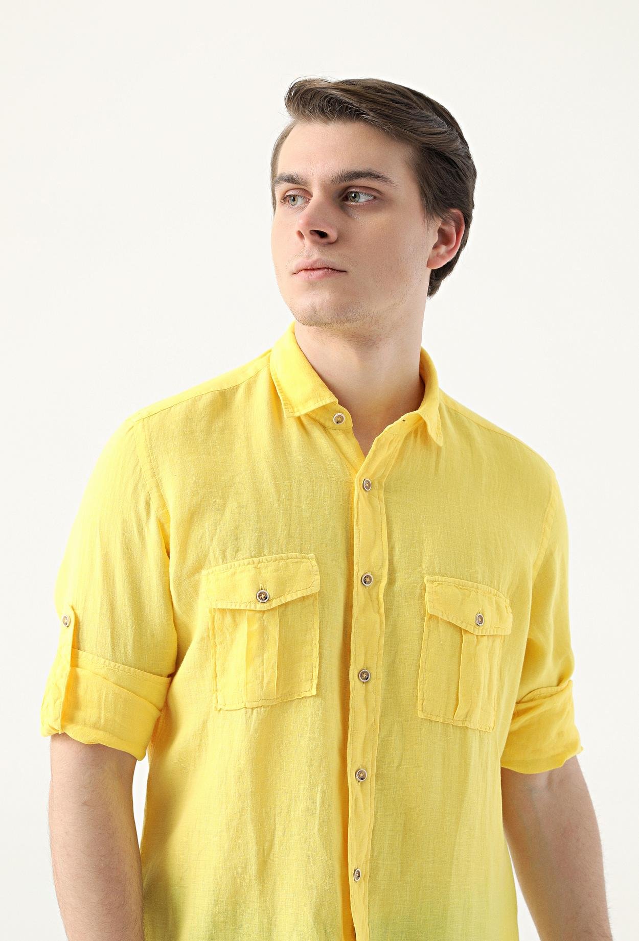 Ds Damat Regular Fit Sarı Düz Keten Gömlek