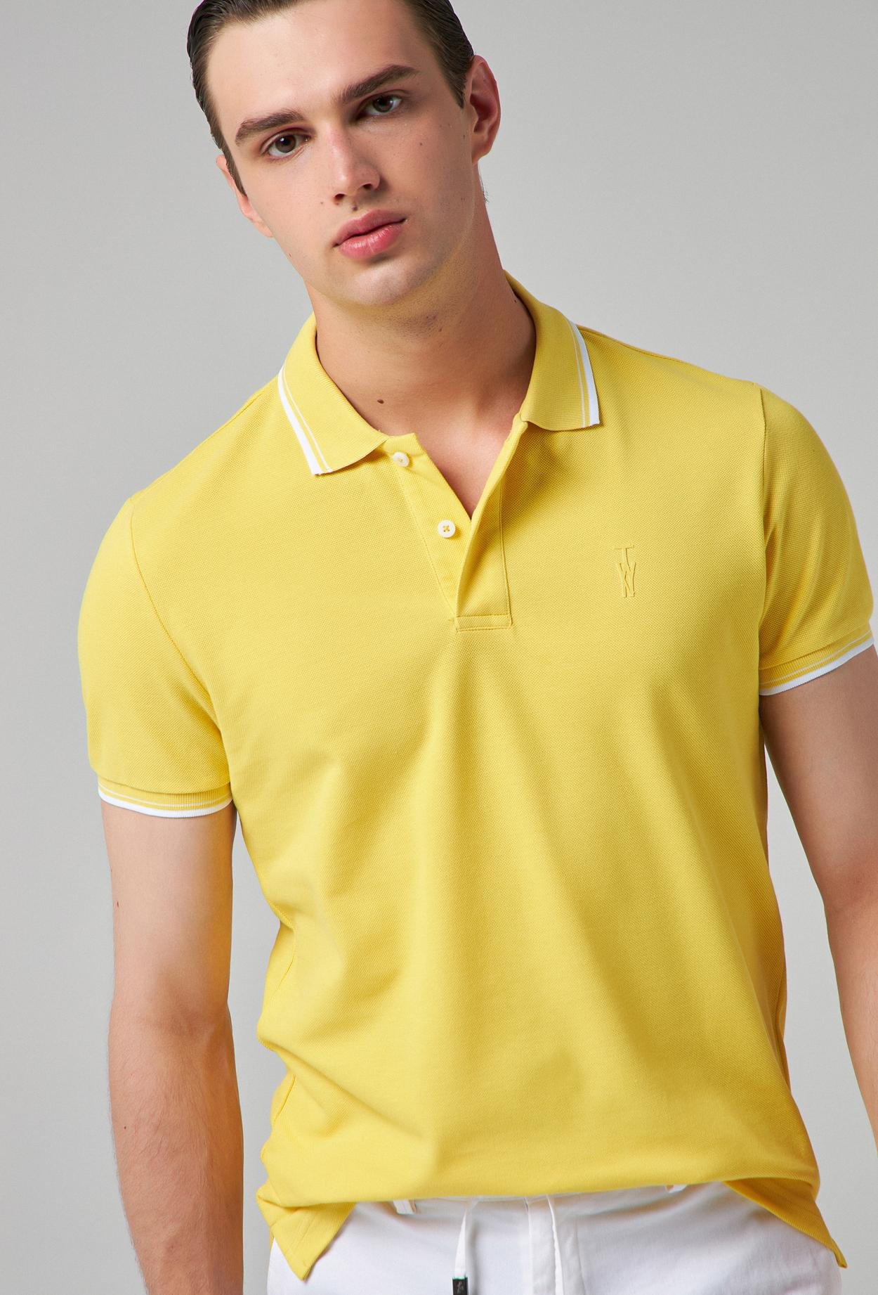 Twn Slim Fit Sarı Düz Örgü Pamuklu Logo Baskılı T-Shirt