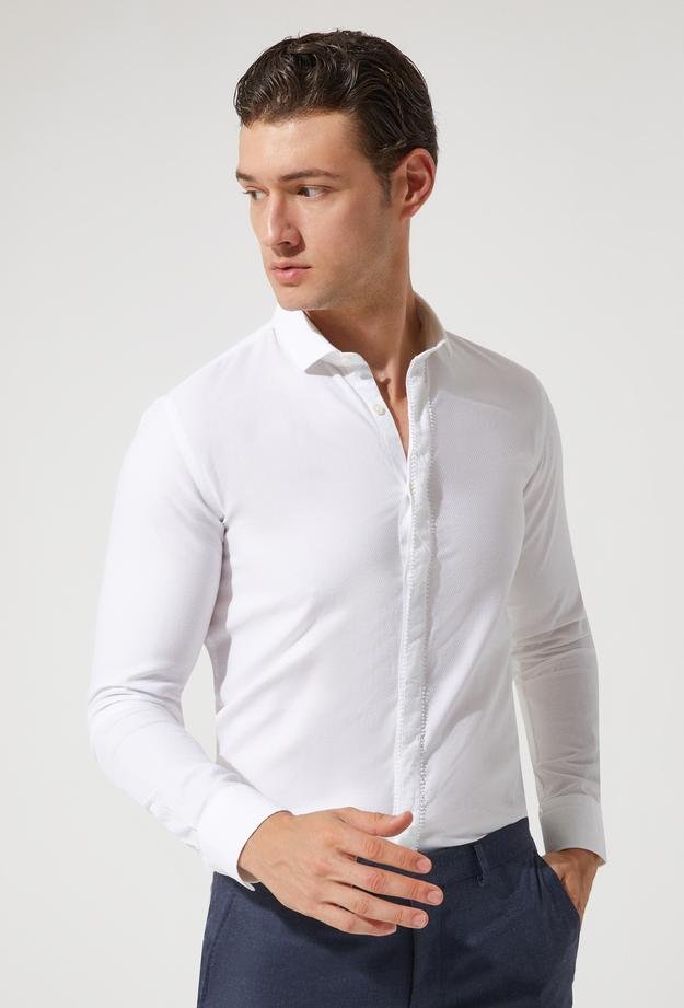 Tween Slim Fit Beyaz Desenli %100 Pamuk Smokin Gömlek - 8681142963402 | Damat Tween
