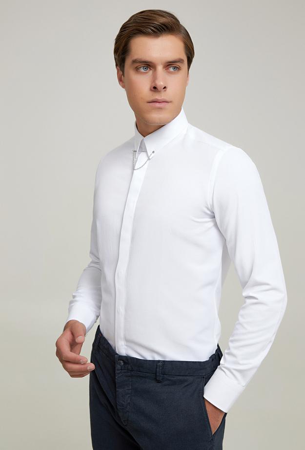 Twn Slim Fit Beyaz Armürlü Gömlek - 8683218165062 | Damat Tween