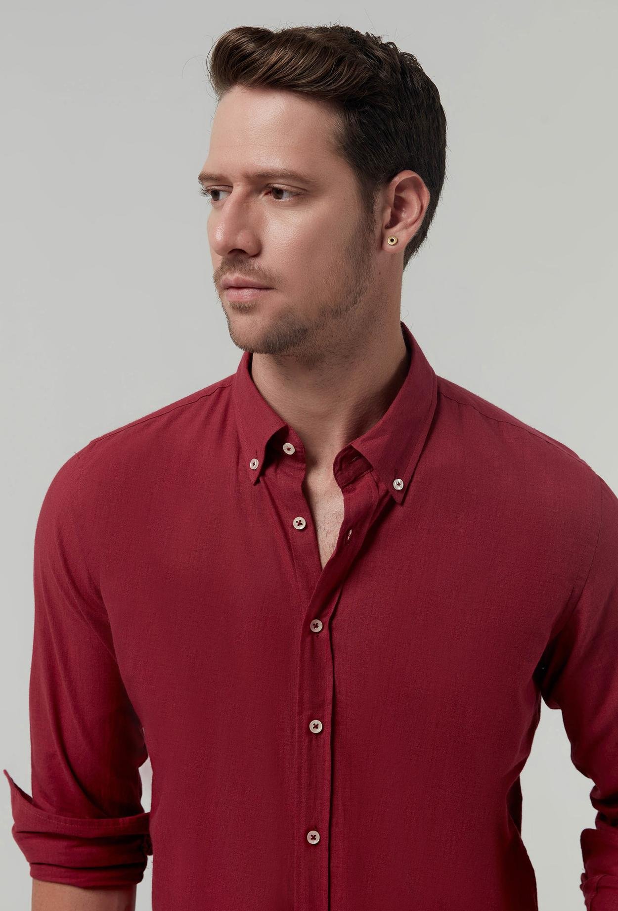 Ds Damat Slim Fit Kırmızı Düz Keten Görünümlü Gömlek