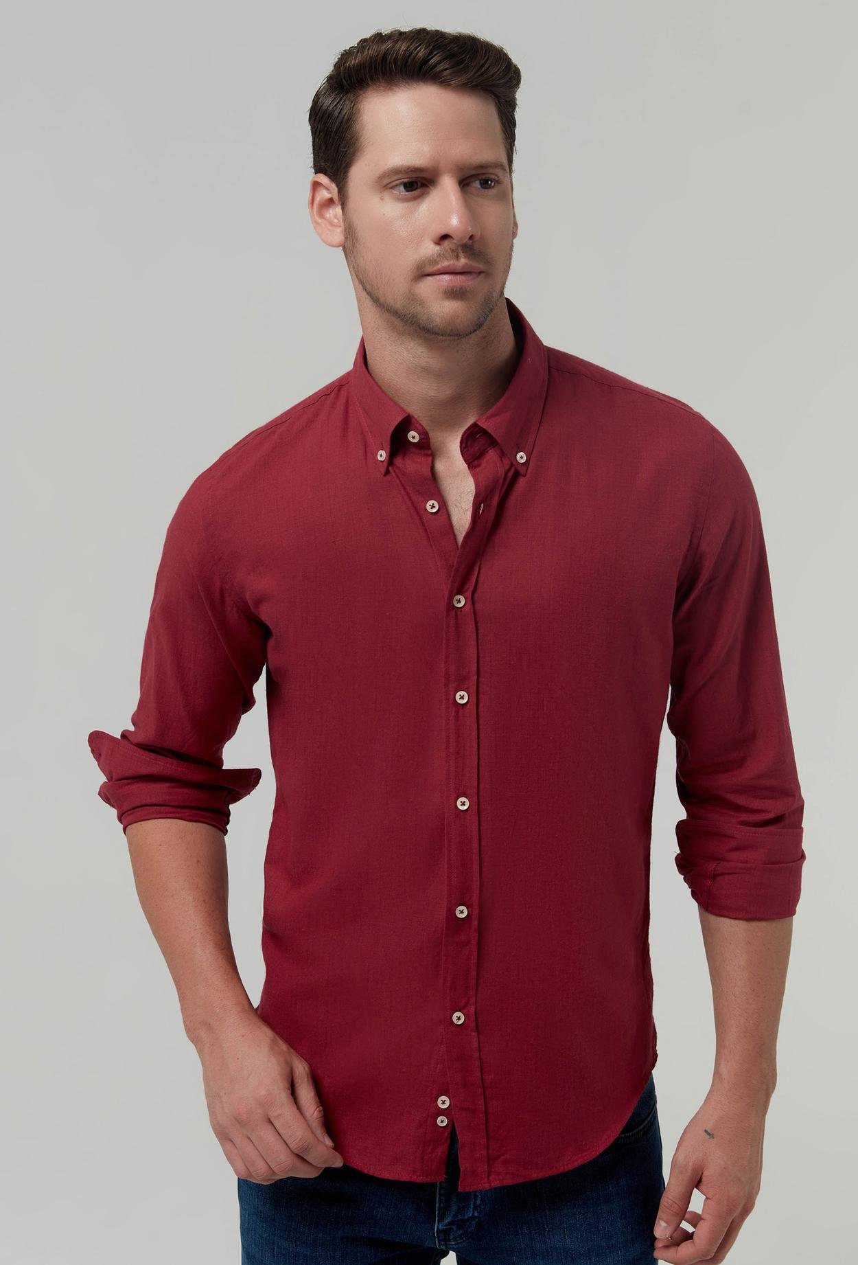 Ds Damat Slim Fit Kırmızı Düz Keten Görünümlü Gömlek
