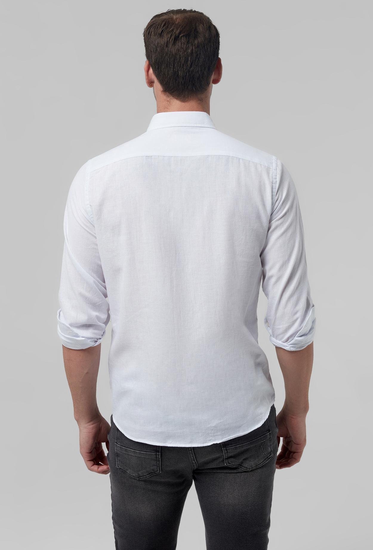 Ds Damat Slim Fit Beyaz Düz Keten Görünümlü Gömlek