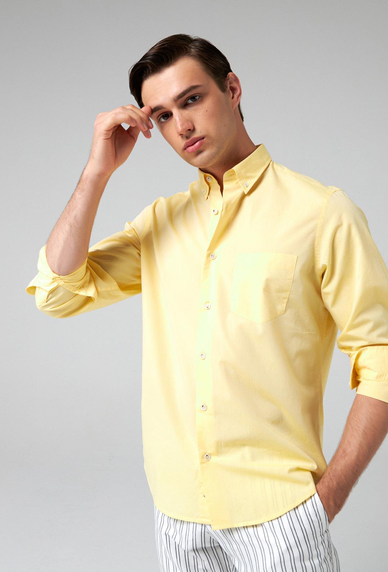 Ds Damat Comfort Sarı Düz %100 Pamuk Gömlek