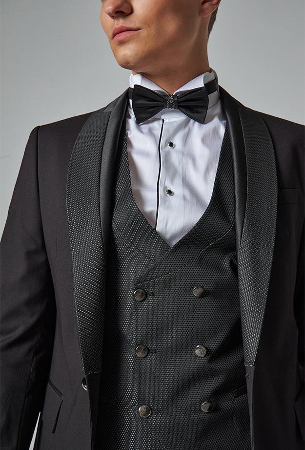 Ds Damat Slim Fit Siyah Düz Damatlık & Smokin Yelekli Takim Elbise