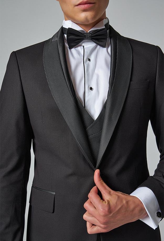 Ds Damat Slim Fit Siyah Düz Damatlık & Smokin Yelekli Takim Elbise
