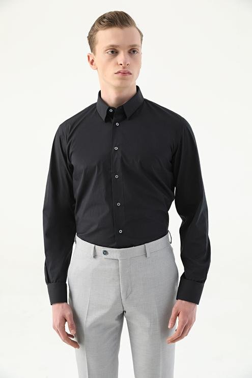 Damat Slim Fit Siyah Düz Pamuk Karışımlı Likralı Gömlek - 8682365139643 | Damat Tween