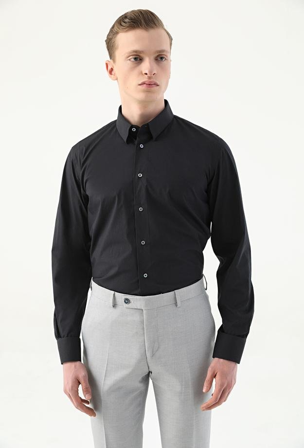 Damat Slim Fit Siyah Düz Pamuk Karışımlı Likralı Gömlek - 8682365139643 | Damat Tween